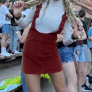 Red/orange jumper dress. Size small, adjustable straps, buttons down front